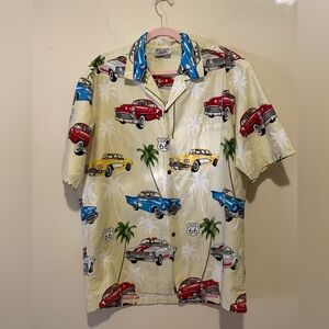 Pacific Legend Apparel. Hawaiian, Route 66 Classic Car Print Shirt. Size XL.